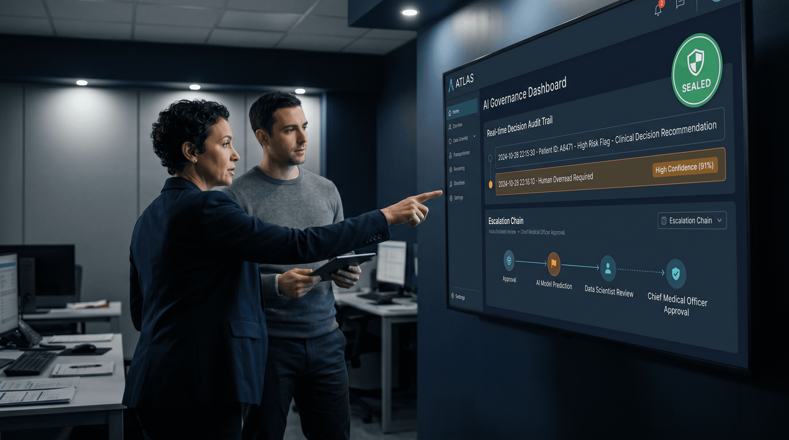 Decision Intelligence — hybrid team reviewing governance receipt and D0 summary